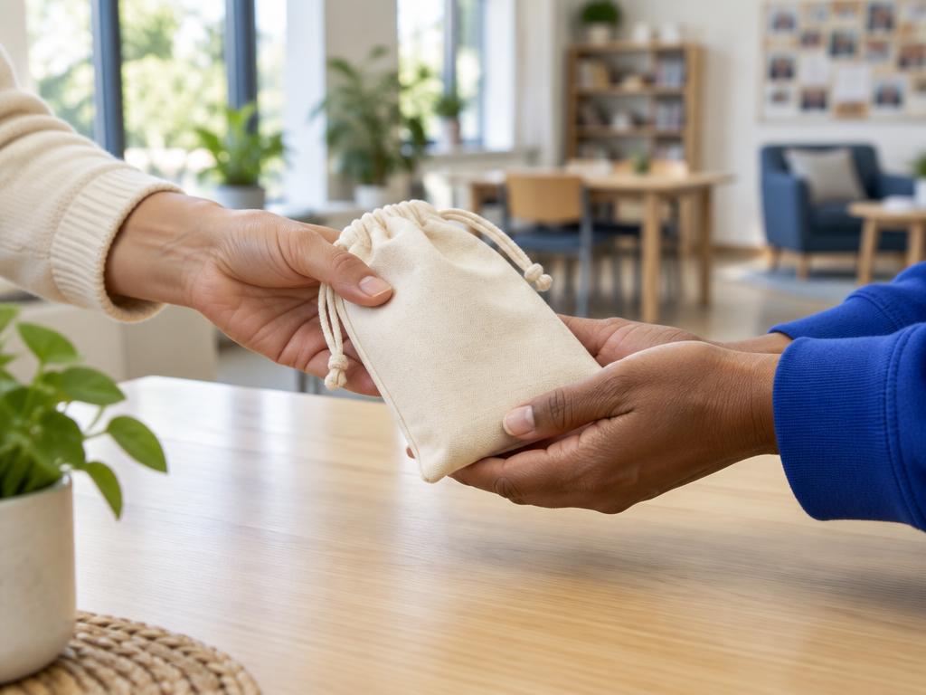Un geste de solidarité : une trousse d’hygiène remise de main en main